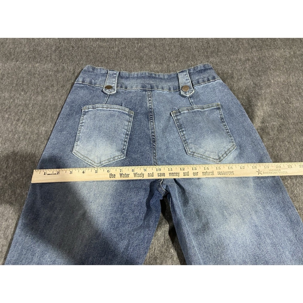 High Waisted Wide Leg Jeans Light Wash Button Fly Snap Hem Denim Blue - Picture 11 of 14